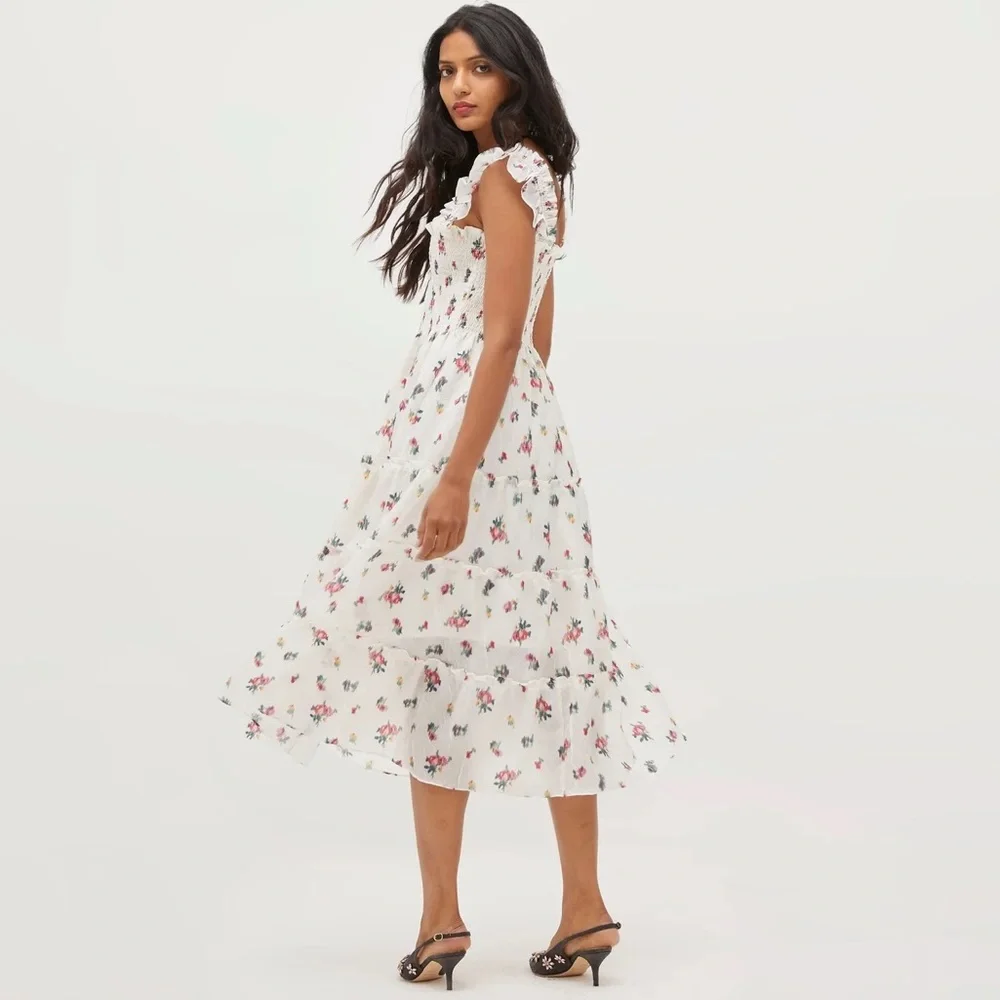 New! HILL HOUSE Ellie Floral Midi Nap Dress in Ivory Crushed Taffeta Ikat - Picture 4 of 15